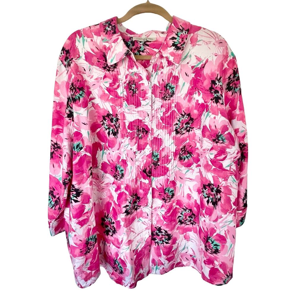 Jones New York Sport 100% Linen Pink‎ Floral Button Down Top Sz 2X Spring Summer